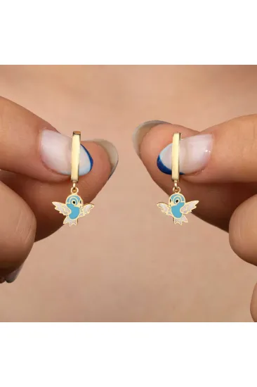Gümüş Gold Mavi Renkli Sallantılı Kuş Kadın Küpe Gümüş Gold Mavi Renkli Sallantılı Kuş Kadın Küpe