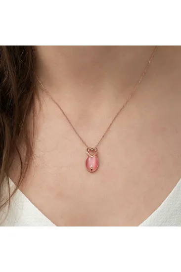 Gümüş Pembe Kedi Gözü Taşlı Kalp Kolye Gümüş Pembe Kedi Gözü Taşlı Kalp Kolye