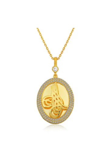 Gümüş Gold Tuğralı Oval Bayan Kolye Gümüş Gold Tuğralı Oval Bayan Kolye