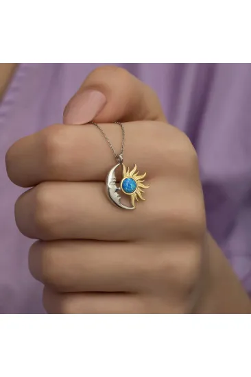 Gümüş Opal Mavi Taşlı Ay Güneş Kadın Kolye Gümüş Opal Mavi Taşlı Ay Güneş Kadın Kolye