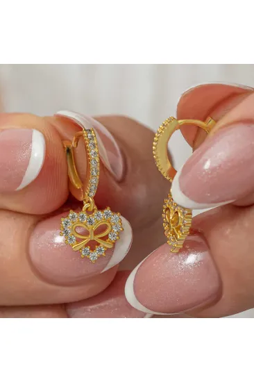 Gümüş Gold Kalp Kurdele Sallantılı Kadın Küpe