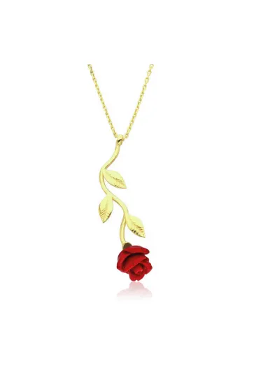 Gümüş Gold Kırmızı Gül Kolye Gümüş Gold Kırmızı Gül Kolye