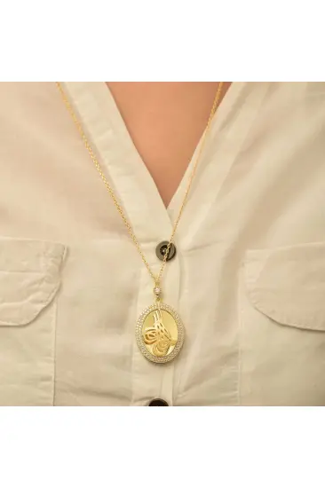 Gümüş Gold Tuğralı Oval Bayan Kolye Gümüş Gold Tuğralı Oval Bayan Kolye