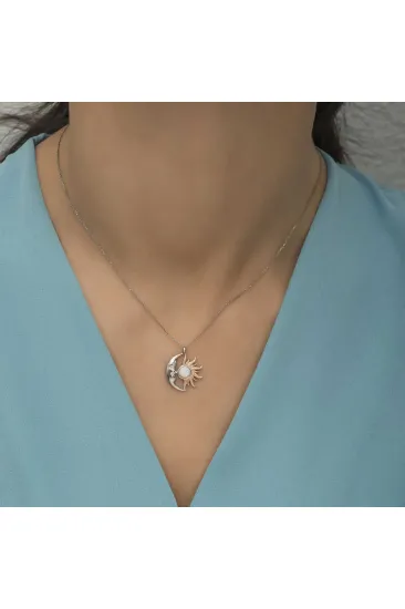 Gümüş Opal Beyaz Taşlı Ay Güneş Kadın Kolye