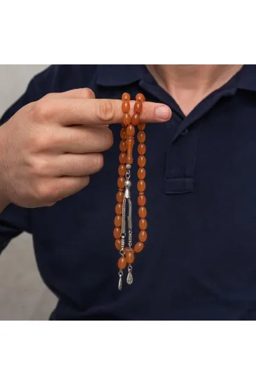 Metal Püsküllü 7x11 mm Turuncu Sıkma Kehribar Tesbih Metal Püsküllü 7x11 mm Turuncu Sıkma Kehribar Tesbih