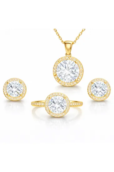 Gümüş Gold Yuvarlak Montür Tek Taş Kadın Set Gümüş Gold Yuvarlak Montür Tek Taş Kadın Set