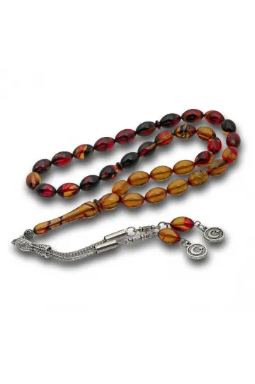 Metal Püsküllü Bordo Amber Sıkma Kehribar Tesbih