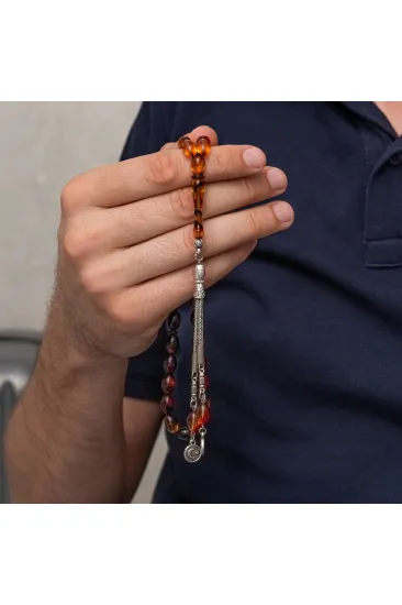 Metal Püsküllü Bordo Amber Sıkma Kehribar Tesbih