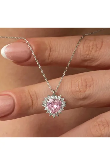Gümüş Pembe Taşlı Kalp Kadın Kolye Gümüş Pembe Taşlı Kalp Kadın Kolye