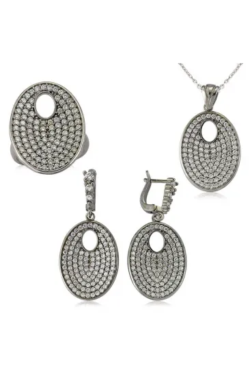 Gümüş Beyaz Taşlı Oval Bayan Set Gümüş Beyaz Taşlı Oval Bayan Set