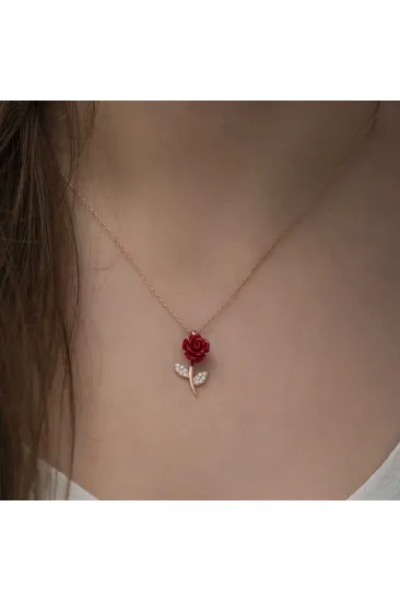 ​Gümüş Rose Kırmızı Gül Kolye
