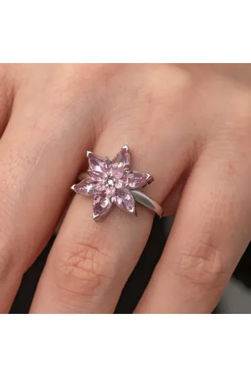 Gümüş Pembe Lotus Çiçeği Kadın Yüzük
