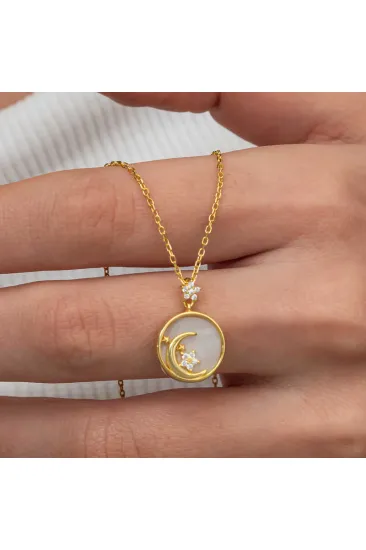 Gümüş Gold Sedef Taşlı Ay Yıldız Hilal Kadın Kolye Gümüş Gold Sedef Taşlı Ay Yıldız Hilal Kadın Kolye