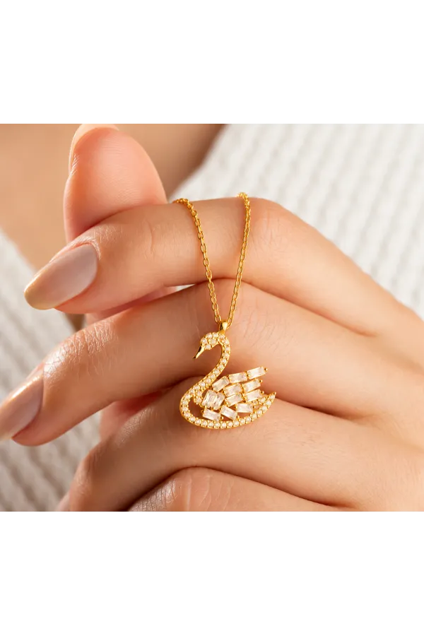 Gümüş Gold Baget Taşlı Kuğu Kadın Kolye Gümüş Gold Baget Taşlı Kuğu Kadın Kolye