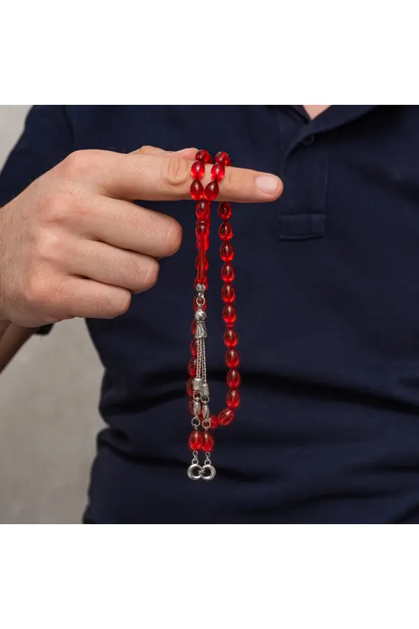 Metal Püsküllü Kırmızı Sıkma Kehribar Tesbih Metal Püsküllü Kırmızı Sıkma Kehribar Tesbih