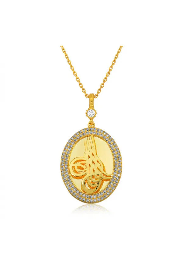 Gümüş Gold Tuğralı Oval Bayan Kolye