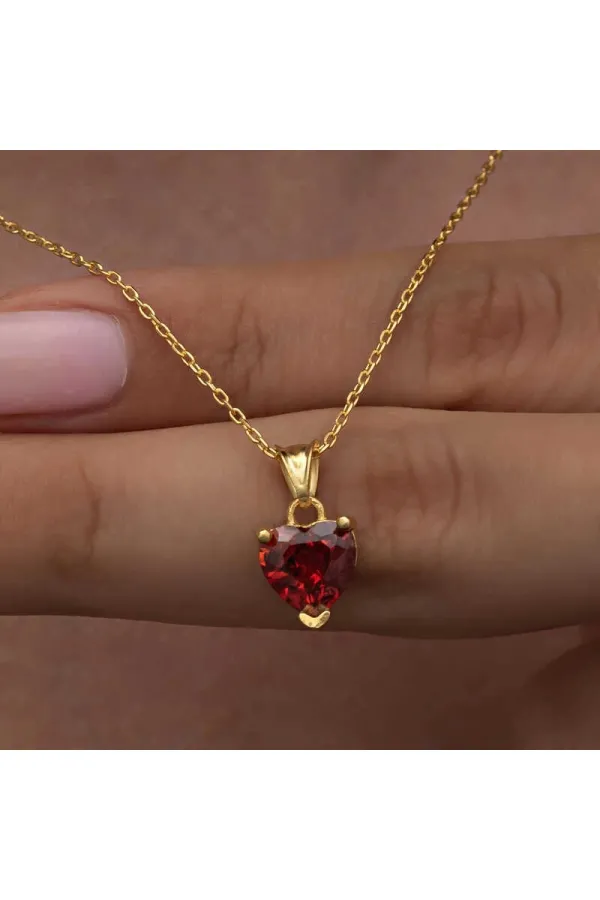 Gümüş Gold Kırmızı Taşlı Kalpli Kadın Kolye