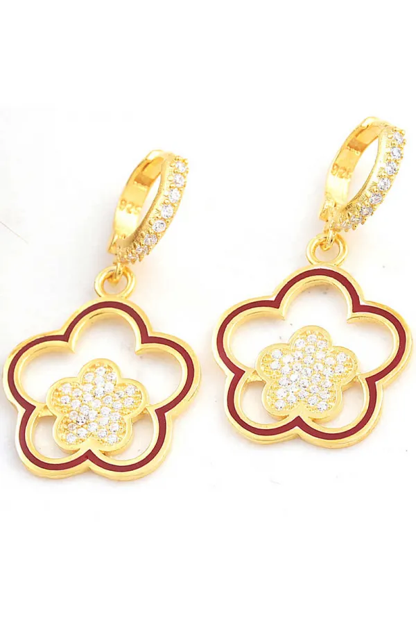 Gümüş Gold Sallantılı Çiçek Desenli Kadın Küpe Gümüş Gold Sallantılı Çiçek Desenli Kadın Küpe