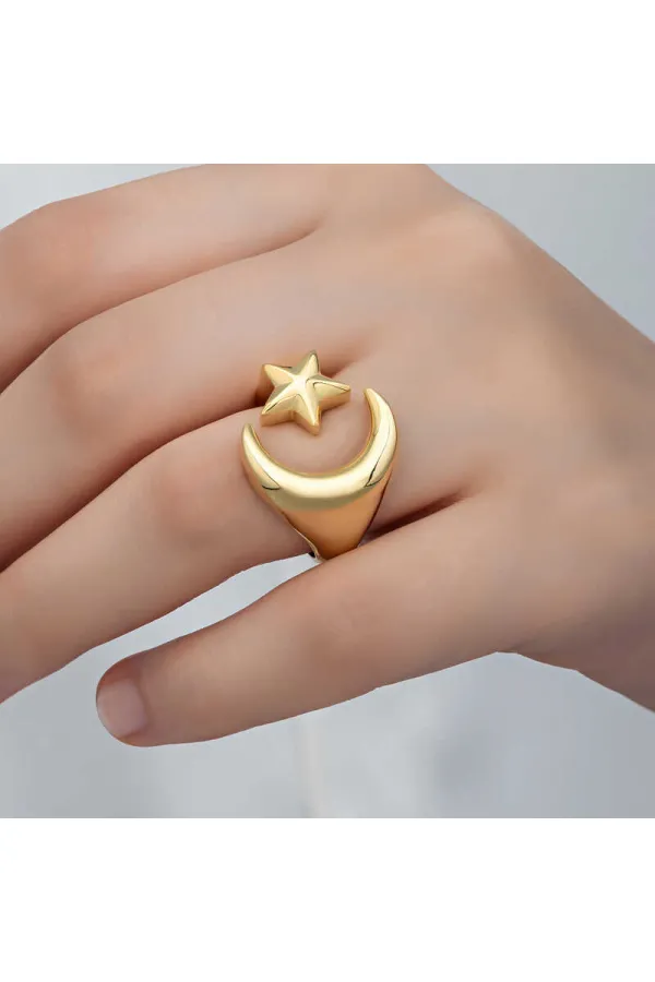 Gümüş Gold Ay Yıldız Kadın Yüzük Gümüş Gold Ay Yıldız Kadın Yüzük