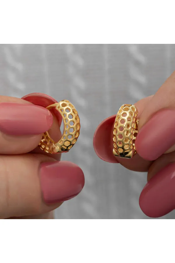 Gümüş Gold Petek Desenli Halka Kadın Küpe Gümüş Gold Petek Desenli Halka Kadın Küpe