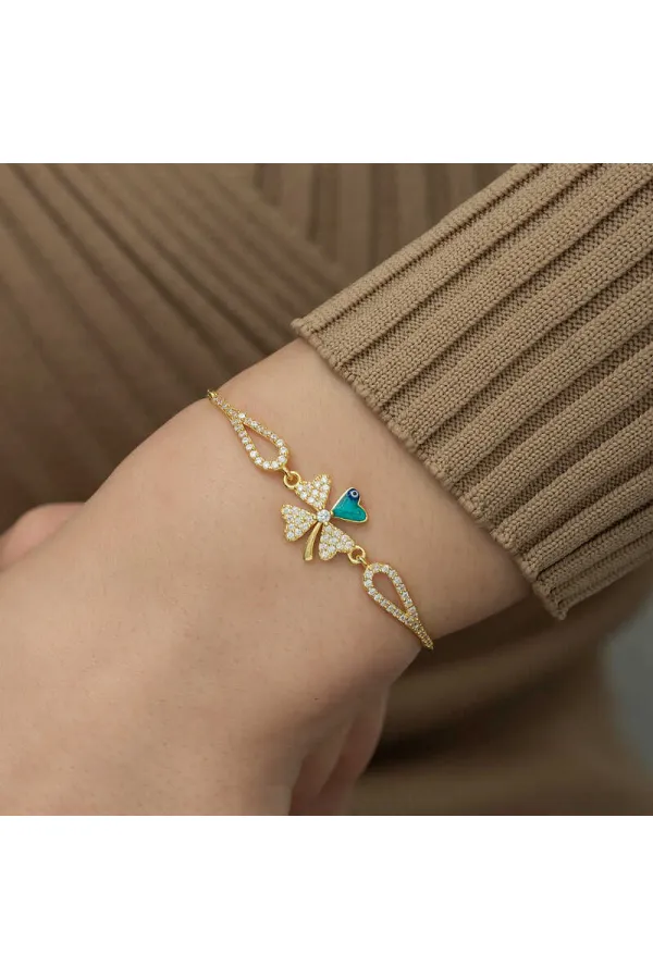 Gümüş Gold Nazarlı Yonca Bileklik Gümüş Gold Nazarlı Yonca Bileklik