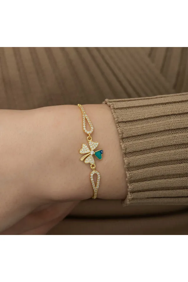Gümüş Gold Nazarlı Yonca Bileklik Gümüş Gold Nazarlı Yonca Bileklik