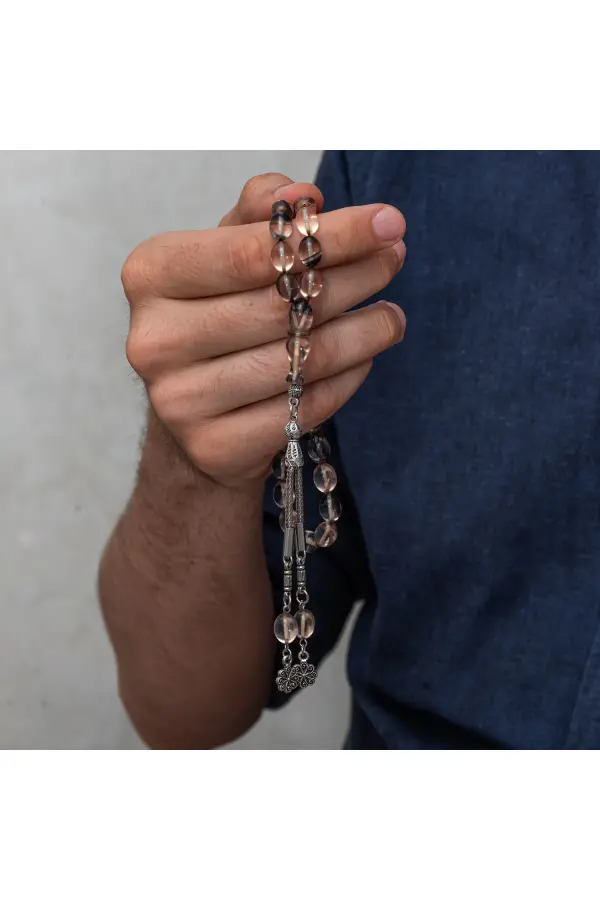Metal Püsküllü Füme Şeffaf Sıkma Kehribar Tesbih Metal Püsküllü Füme Şeffaf Sıkma Kehribar Tesbih