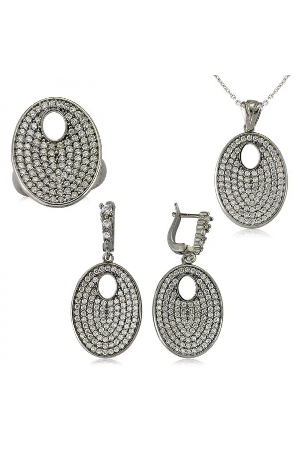 Gümüş Beyaz Taşlı Oval Bayan Set Gümüş Beyaz Taşlı Oval Bayan Set