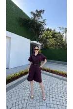 Yakalı Gömlek Kemerli Şortlu Takım - Bordo Yakalı Gömlek Kemerli Şortlu Takım - Bordo