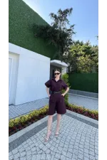 Yakalı Gömlek Kemerli Şortlu Takım - Bordo Yakalı Gömlek Kemerli Şortlu Takım - Bordo