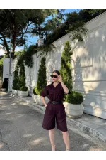 Yakalı Gömlek Kemerli Şortlu Takım - Bordo Yakalı Gömlek Kemerli Şortlu Takım - Bordo