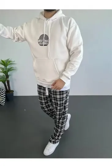 Erkek Baskılı Üç İplik Kapüşonlu Oversize Sweatshirt - Beyaz Erkek Baskılı Üç İplik Kapüşonlu Oversize Sweatshirt - Beyaz