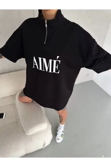 Unisex Yarım Fermuarlı Baskılı T-Shirt - Siyah Unisex Yarım Fermuarlı Baskılı T-Shirt - Siyah