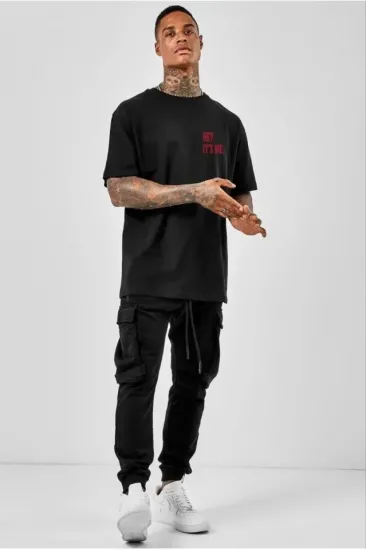 Unisex Bisiklet Yaka Oversize Baskılı T-Shirt - Siyah Unisex Bisiklet Yaka Oversize Baskılı T-Shirt - Siyah