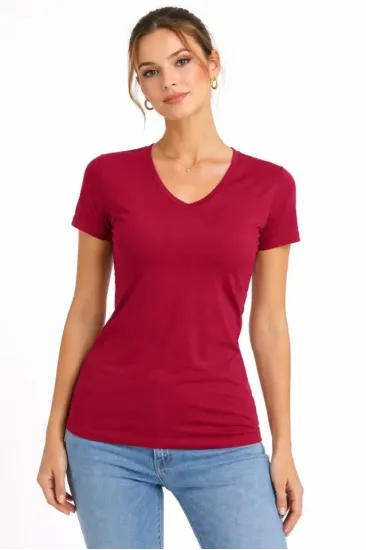 T-Shirt V Yaka Slim Fit Likralı Tişört Günlük Basic Body - Bordo T-Shirt V Yaka Slim Fit Likralı Tişört Günlük Basic Body - Bordo