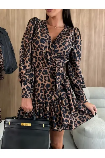 Kadın Uzun Kollu Kruvaze Yakalı Belden Bağcıklı Kısa Leopar Desenli Modal Elbise Kadın Uzun Kollu Kruvaze Yakalı Belden Bağcıklı Kısa Leopar Desenli Modal Elbise