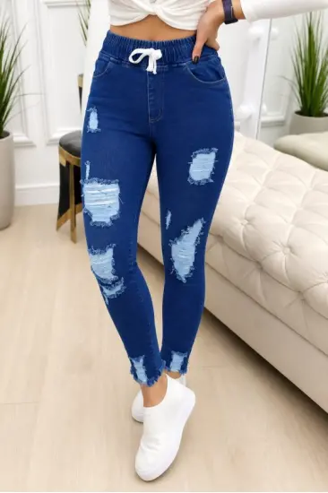 Kadın Yüksek Bel Beli Bağcıklı önden Yırtık Desenli Kot Pantolon Kadın Yüksek Bel Beli Bağcıklı önden Yırtık Desenli Kot Pantolon
