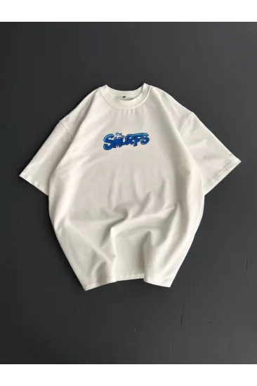 Ön Ve Arka Baskılı Oversize Bisiklet Yaka T-shirt- Beyaz Ön Ve Arka Baskılı Oversize Bisiklet Yaka T-shirt- Beyaz