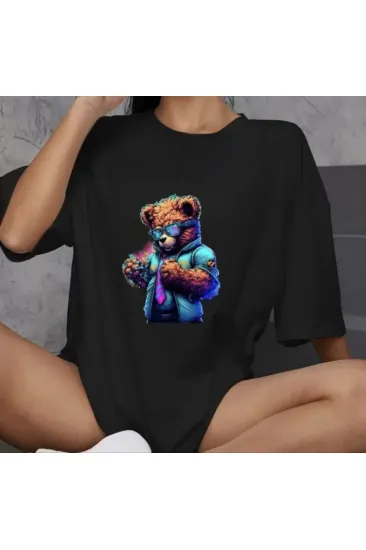 Unisex Bisiklet Yaka Baskılı Oversize T-Shirt - Siyah