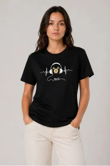 Müzik Temalı Baskılı Tişört Bisiklet Yaka Kısa Kol T-Shirt - Siyah Müzik Temalı Baskılı Tişört Bisiklet Yaka Kısa Kol T-Shirt - Siyah