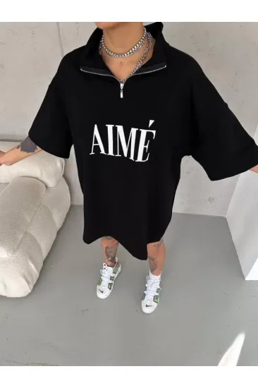 Unisex Yarım Fermuarlı Baskılı T-Shirt - Siyah Unisex Yarım Fermuarlı Baskılı T-Shirt - Siyah