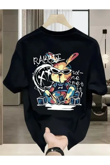Baskılı Oversize Bisiklet Yaka T-shirt - Siyah