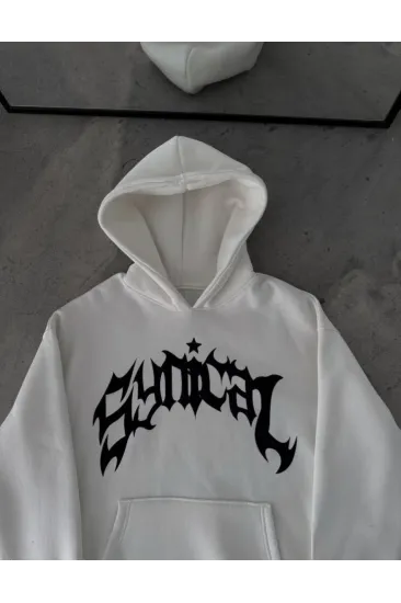 Üç İplik Kapşonlu Baskılı Oversize SweatShirt- Beyaz Üç İplik Kapşonlu Baskılı Oversize SweatShirt- Beyaz