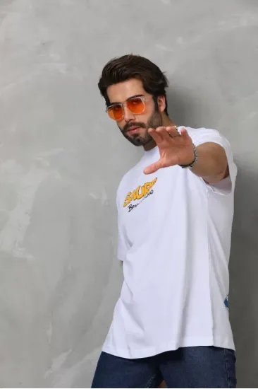 Unisex Bisiklet Yaka Baskılı Oversize T-Shirt - Beyaz Unisex Bisiklet Yaka Baskılı Oversize T-Shirt - Beyaz