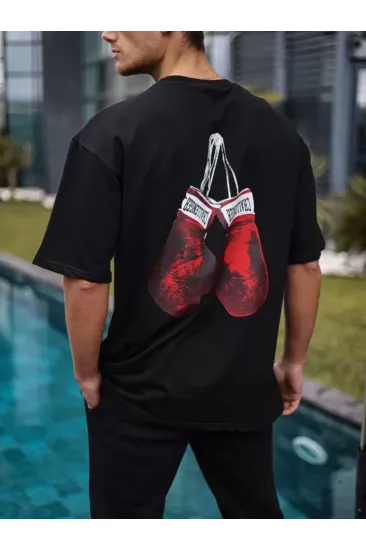 Unisex Bisiklet Yaka Baskılı Oversize T-Shirt - Siyah Unisex Bisiklet Yaka Baskılı Oversize T-Shirt - Siyah