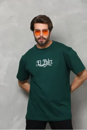 Unisex Bisiklet Yaka Baskılı Oversize T-Shirt - Yeşil