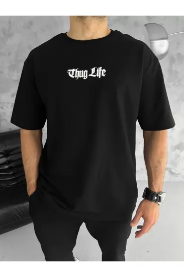 Unisex Bisiklet Yaka Baskılı Oversize T-Shirt - Siyah Unisex Bisiklet Yaka Baskılı Oversize T-Shirt - Siyah