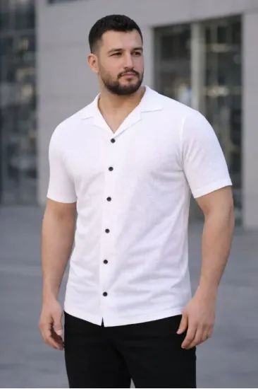 Erkek Waffle Kumaş Kısa Kollu Düğmeli Açık Yaka Regular Fit Gömlek - Beyaz Erkek Waffle Kumaş Kısa Kollu Düğmeli Açık Yaka Regular Fit Gömlek - Beyaz