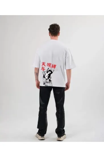 Unisex Bisiklet Yaka Baskılı Oversize T-Shirt - Beyaz Unisex Bisiklet Yaka Baskılı Oversize T-Shirt - Beyaz