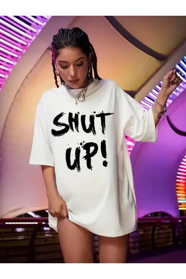 Baskılı Oversize Bisiklet Yaka T-shirt - Beyaz Baskılı Oversize Bisiklet Yaka T-shirt - Beyaz